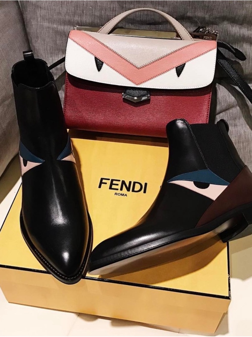 Authentic NWT Fendi Black Leather Ankle Boots with Pink and Blue Accents